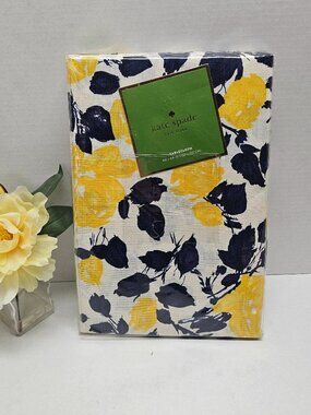 New Kate Spade Tablecloth Garden Rose Yellow & Blue Navy 100% Cotton 60 X 84"
